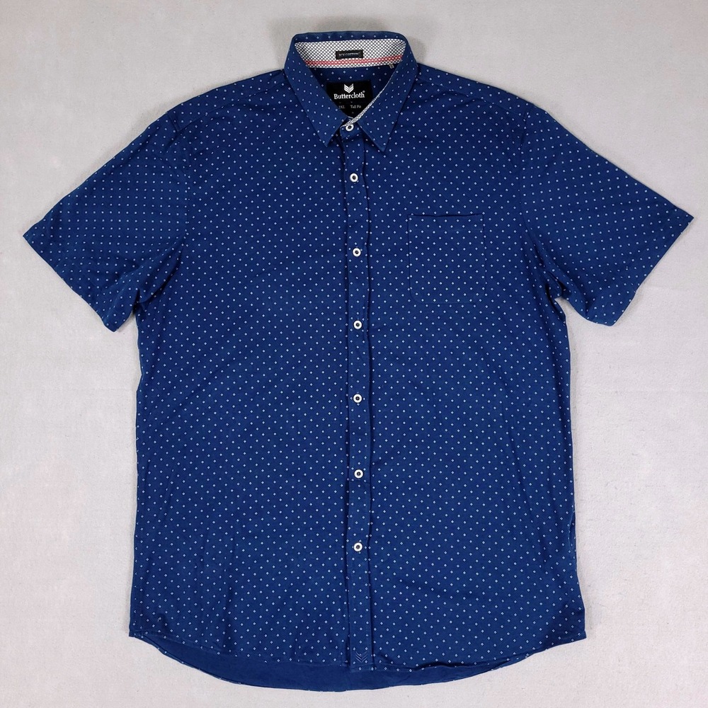 Buttercloth Shirt Men's 2XL Blue Diamond Icy Cotton Tall Fit Short Sleeve Button